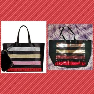 Victoria's Secret XL Sz Blk/Multiclr 2017 Bling Stripe Sequin Carryall Tote Bag